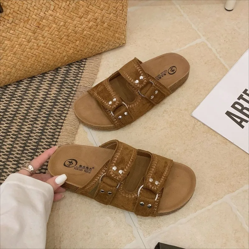 

Fashion Double Buckle Open-toed Women's Sandals Soft Leather Flat Bottom Women's Shoes Platform Women's Slippers Sandalias Mujer