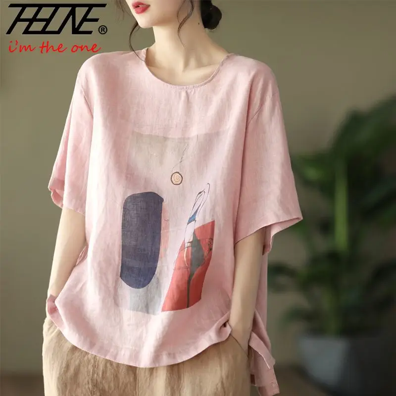 T-Shirts Summer Women\'s Clothing Cotton Linen Casual Fashion Woman Blouse 2023 O-Neck Short Sleeve Loose Vintage Cartoon