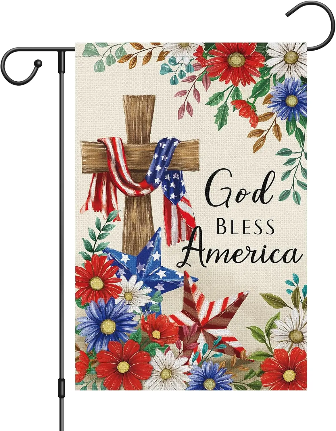 4th of July Garden Flag 12x18 Double Sided Vertical, Small Burlap Cross God Bless America Patriotic Flags Memorial Independence