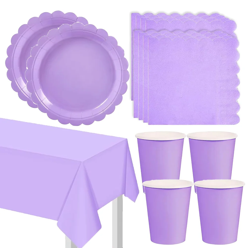 Suministros de fiesta de color morado claro, vajilla desechable de Color sólido lavanda, plato, servilleta, mantel para decoración de cumpleaños, Baby Shower