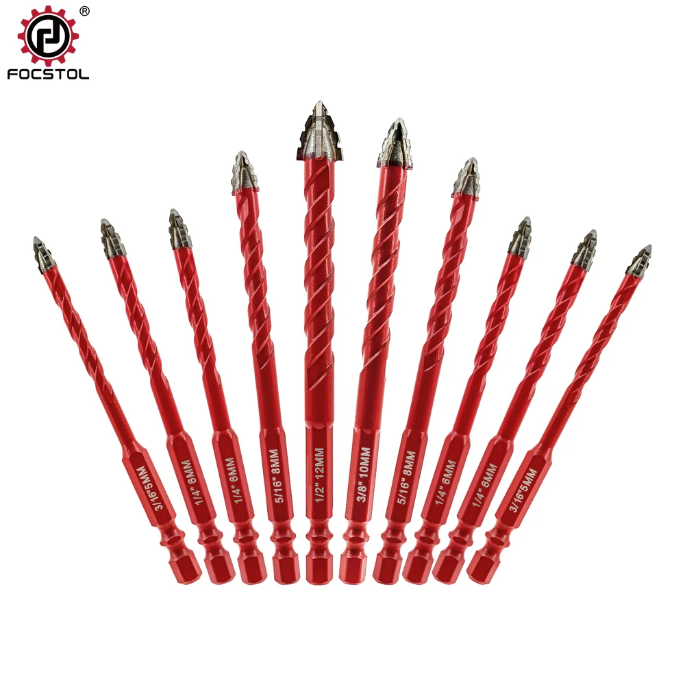 

FOCSTOL Quick Fit Shank Drill Bits Carbide Serrated for Wood Plastic PVC Glass Tiles Ceramic Tiles Ceramics - Set of 10