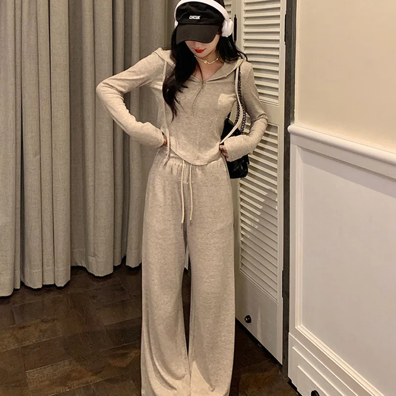 التخسيس مكافحة الشيخوخة المألوف عارضة المرأة الخريف الشتاء مقنعين سليم صالح أعلى السراويل واسعة الساق ملابس رياضية قطعتين مجموعة