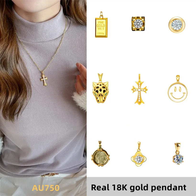 100% Real 18K Gold Cross Pendant Girls Party Accessories AU750 Fine Birthday Gift High Quality Necklace Fashion Original Jewelry