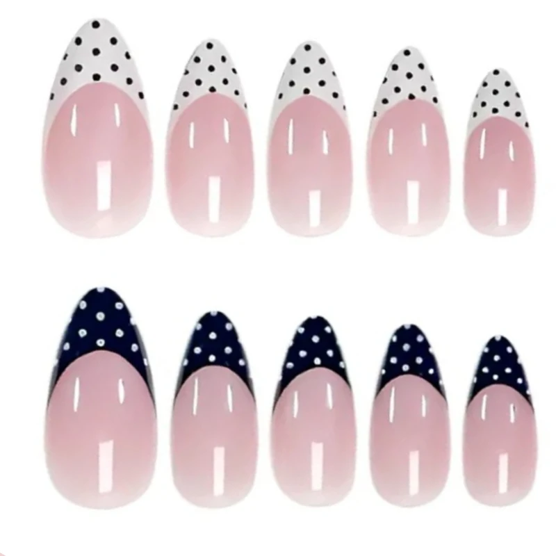 

24PCS Vibrant Color Block Polka Dot Press on Nails Almond Sweet Cute French Tip Star Fake Nails Gentle Removable Design Manicure