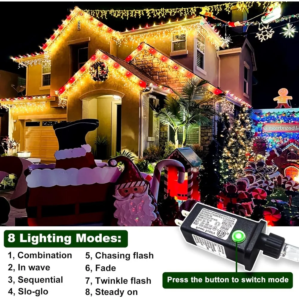 Lumière de Noël extérieure Icicle, intérieur avec 8 minuteries de mode, 66 pieds, 640 LED, étanche