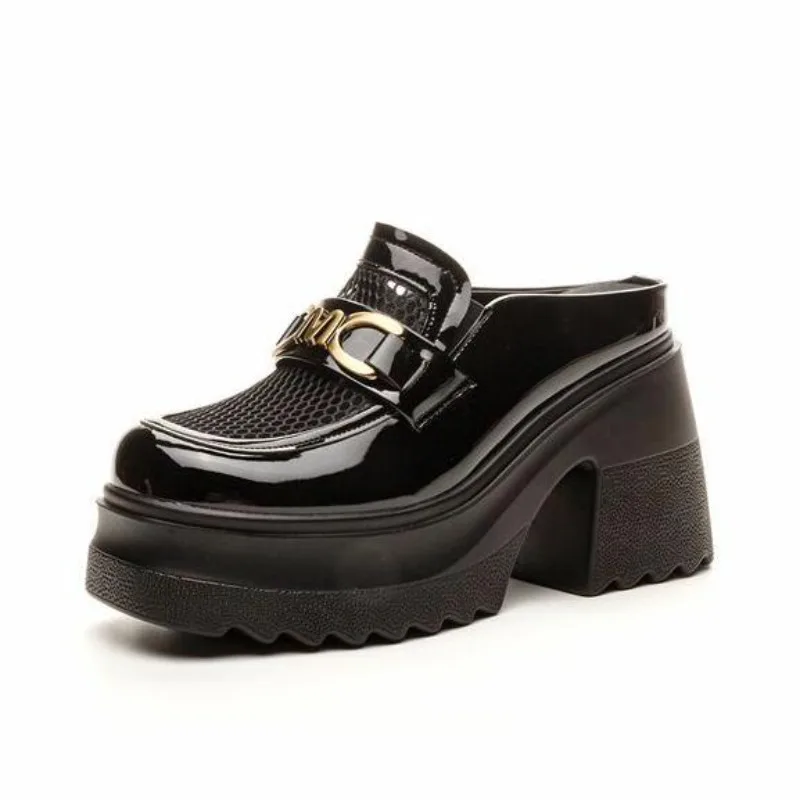 10cm Women's Elevated Platform House Slippers Female Slides Shoes Square Heel Mules Fashion Loafers Med Cover Toe Heels Luxury
