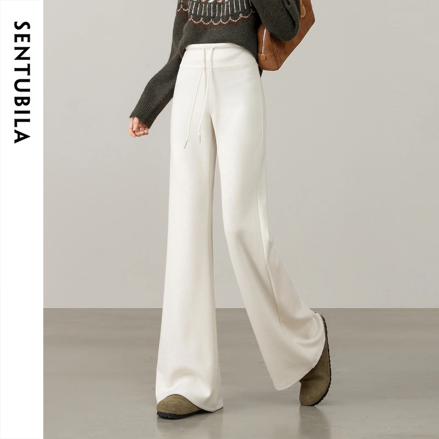 SENTUBILA Women's Knitted Flare Pants 2026 Autumn Winter High Waist Drawstring Long Trousers Commute Casual Pants W64KE9023