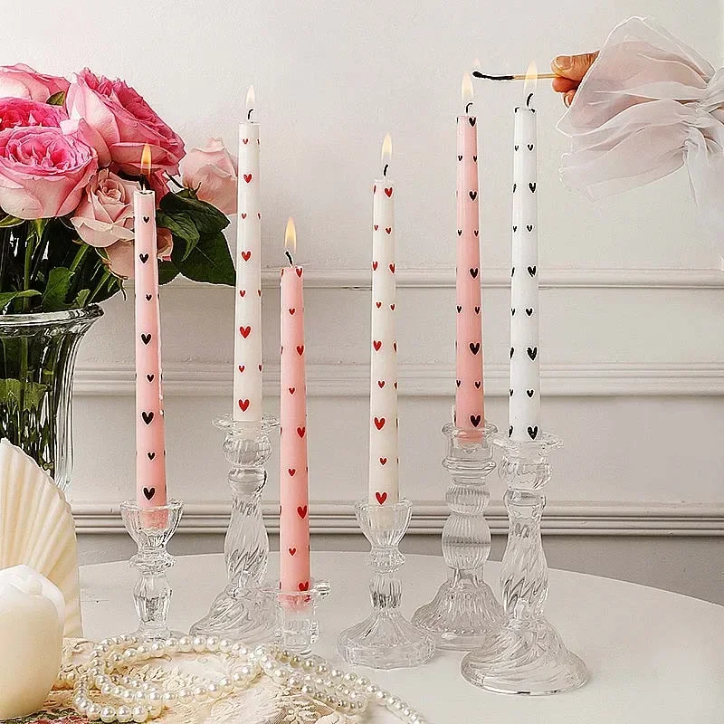 7.5'' Heart Printed Taper Candles Romantic Dinner Long Candles for Valentine's Day Gift Box Decorative Candles