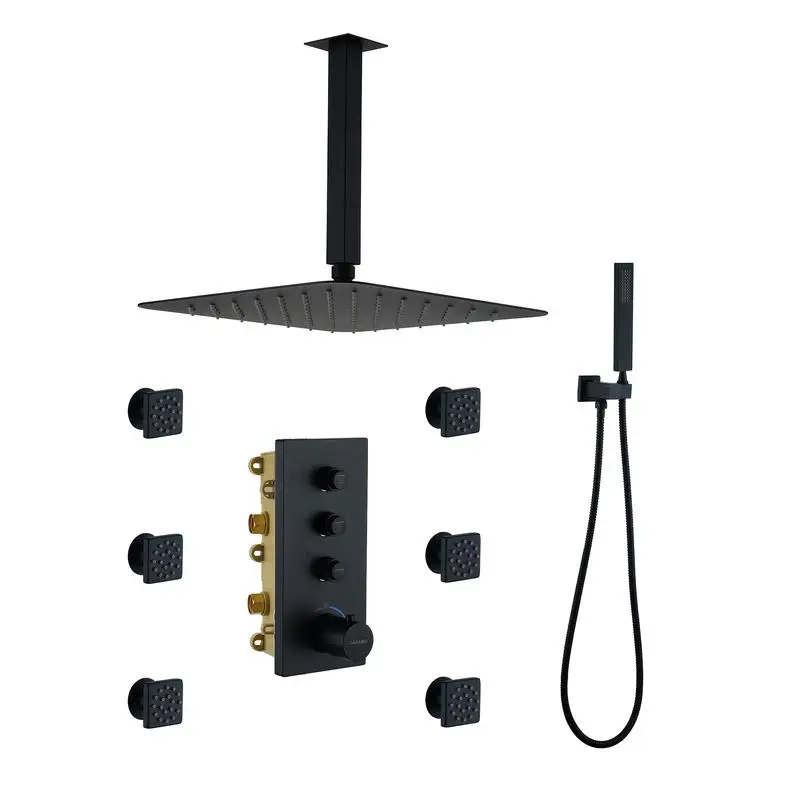 

3-Function 12-Inch Ceiling Mount Thermostatic Shower System Matte Black Finish
