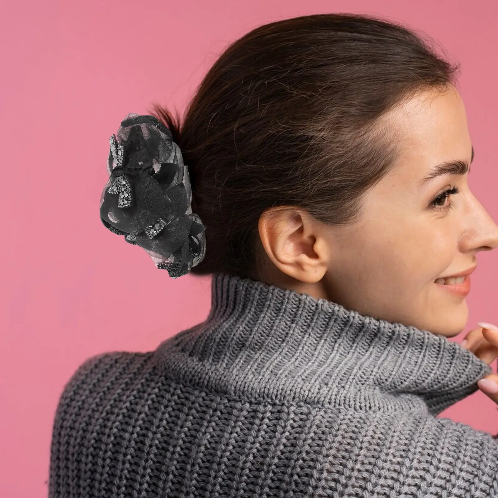 

Винтажная заколка-краб для волос с бантом из страз, черная, из сетчатого тюля, готическая, блестящая, декоративная, для пучка, причёски-гульки, на Хэллоуин, для выпускного вечера