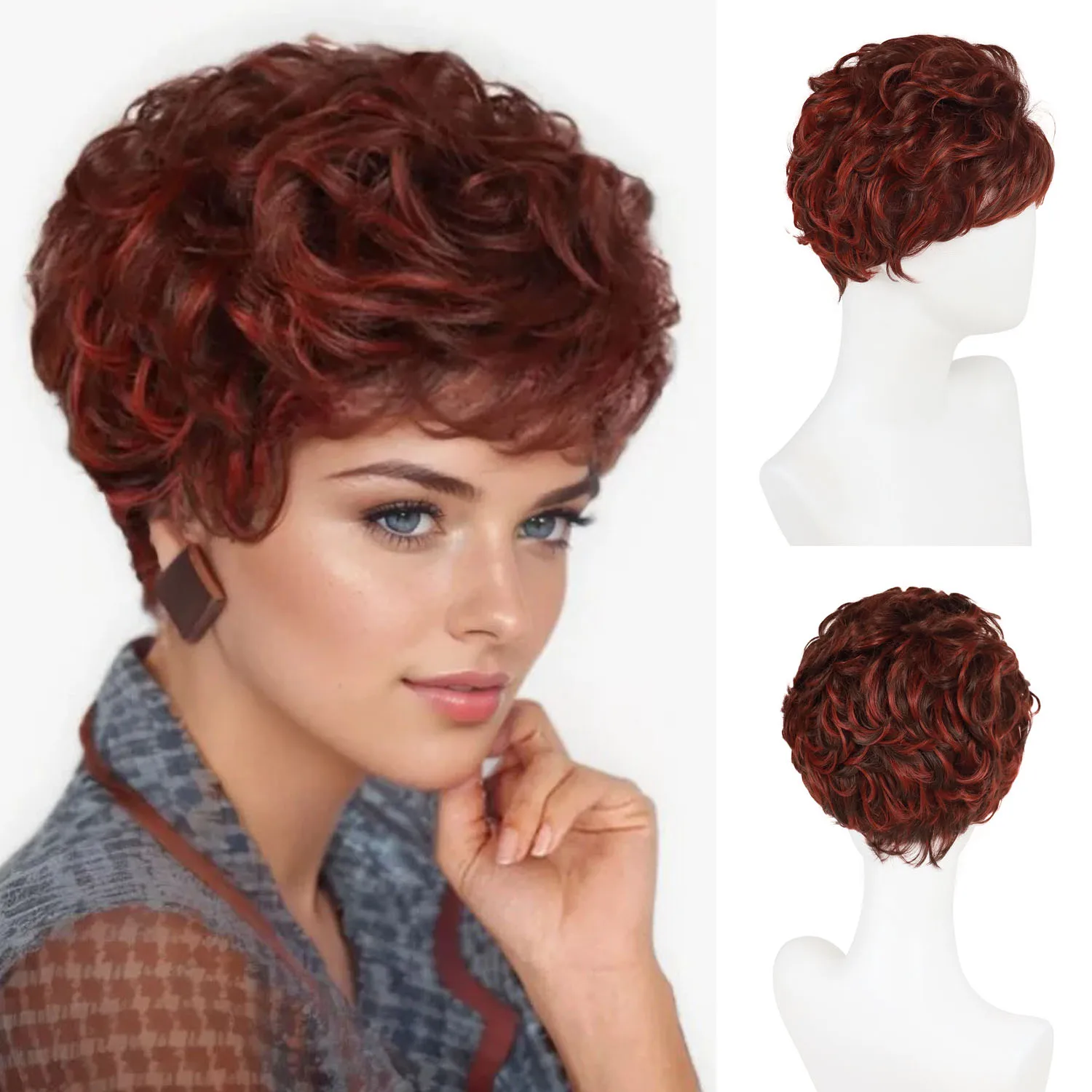 

Mixed Red Wigs with Bangs Synthetic Hair Short Curly Wigs for Women Heat Resistant Fiber Mommy Wig Auburn Color Drag Queen
