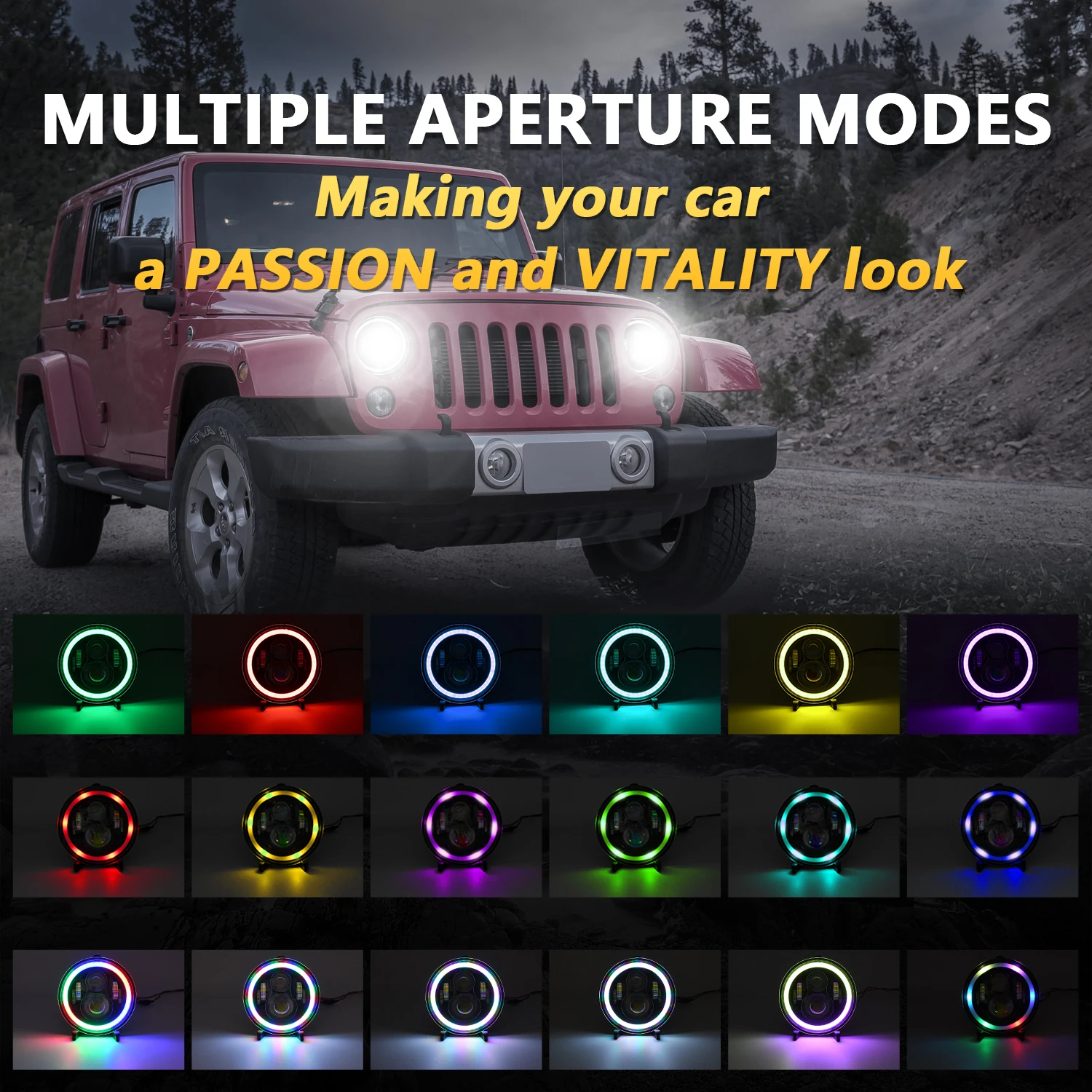 LED Colorful Headlight 7 Inch Wrangler Round Headlight High Power 200W 20000LM for Jeep Harley Universal Headlamp 6000K 12V 24V