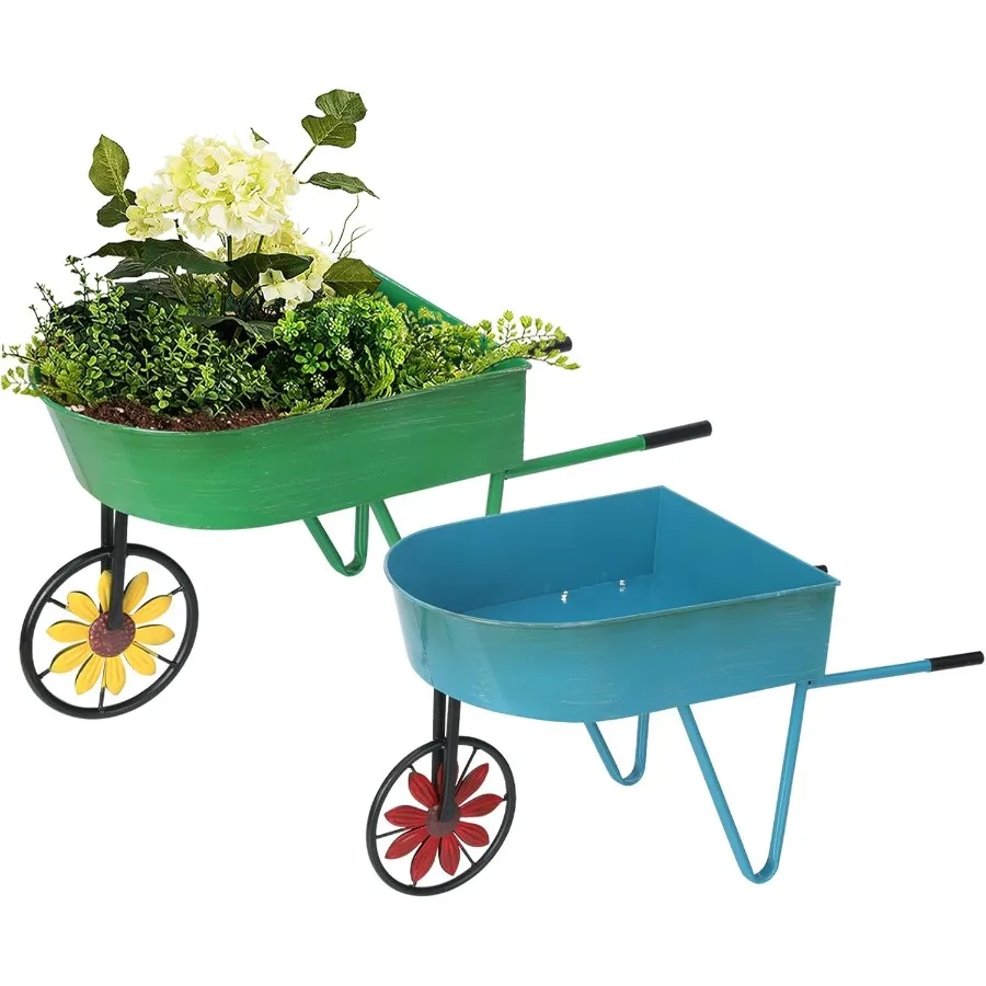 

Metal Wheelbarrow Flower Cart Planter 2 Packs Plant Stands with Triangular Support Handles Non-Rolling Wheel Vintage Wagon Plan
