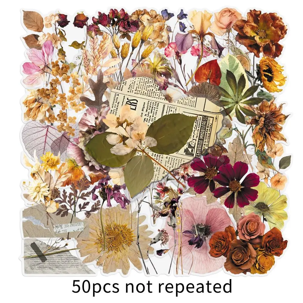 Floral Leaf Design Dried Flower Pattern Sticker Self Adhesive Aesthetic DIY Craft Sticker Waterproof Elegant Clear PET Decal