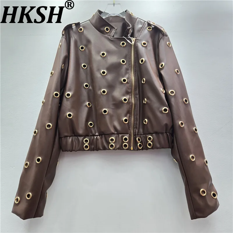 

HKSH Весенне-Осенняя новая женская куртка с воротником-стойкой на молнии из искусственной кожи с ушком в темном стиле в стиле панк, уличная одежда, элегантное шикарное короткое пальто HK15299