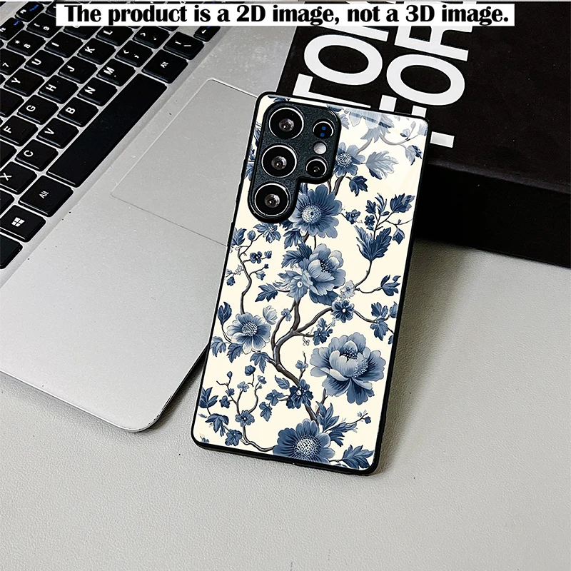 Blue Floral Vine Pattern Phone Case,2D Print Black Glass Cover for Samsung S/A Series,Full Shockproof Protective Shell