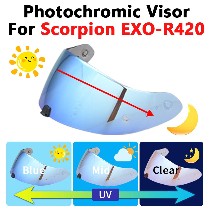 

Photochromic Visor For SCORPION EXO R420 Helmet Anti-UV Clear Vison Blue Windshield Motorcycle Accessories Fits M-XXL Size