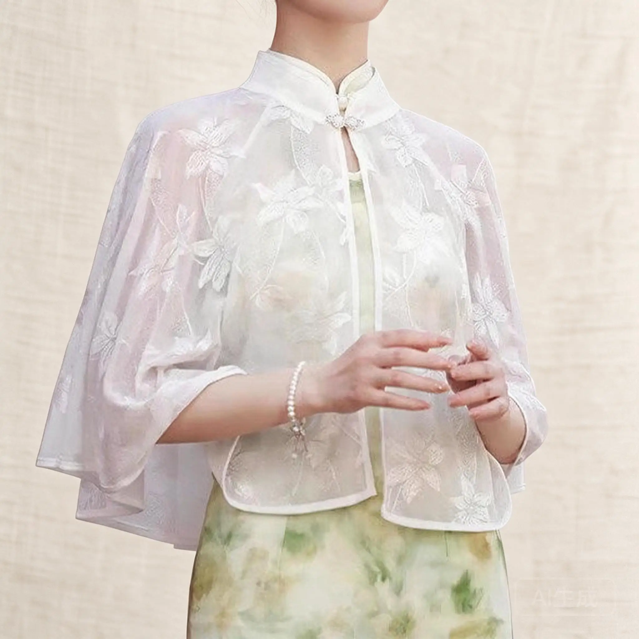 New Chinese Style Stand Collar Floral Lace Cape Summer Lightweight Breathable Sun Protection Frog Button Elegant Commute Women