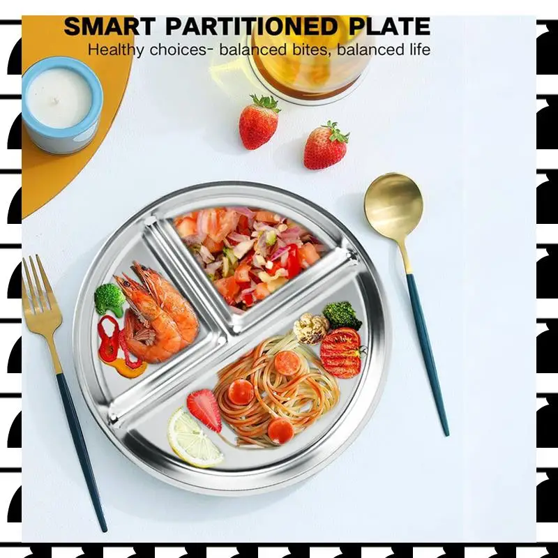 

A44U Stainless Steel Kids Plates 4 Packs,9Inch Portion Control Plate Divided Plates For Adults Bariatric Weight Loss Diabetic