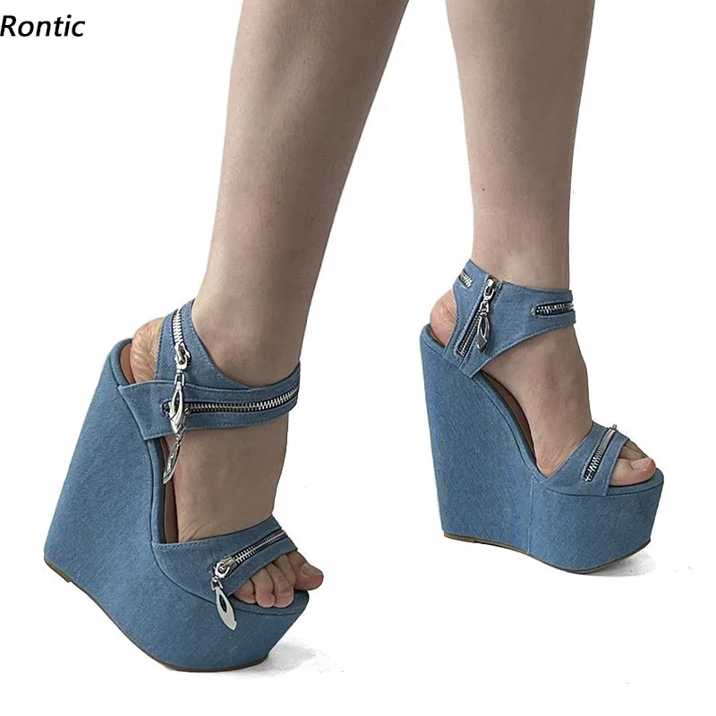 Rontic Real Pictures Women Summer Platform Sandals Wedges High Heels Round Toe Pretty Blue Casual Shoes US Size 5-15