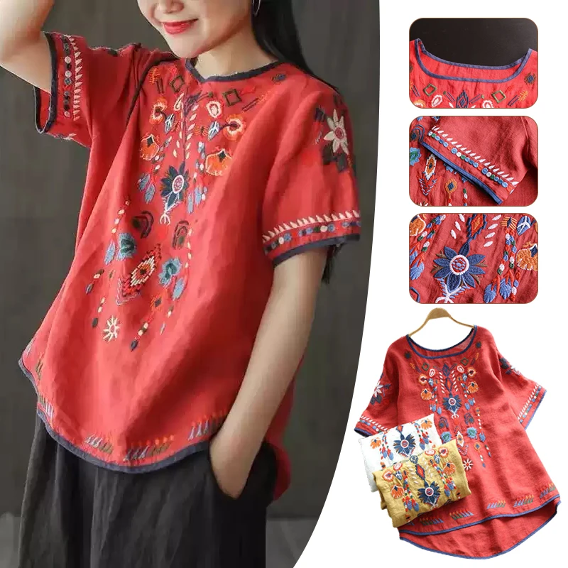 

NEW Summer Vintage Blouse Ethnic Style Embroidery O Neck T-shirt Tops Bohemian Style Casual Large Size Loose Women's T-shirt