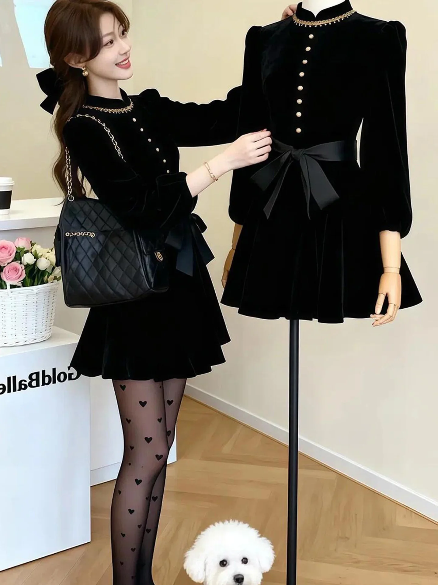 

Элегантный комплект для похудения: короткое платье А-силуэта и топ с завязками, в стиле Хепберн, с высокой талией, длинными рукавами, модный, для женщин, весенний сезон