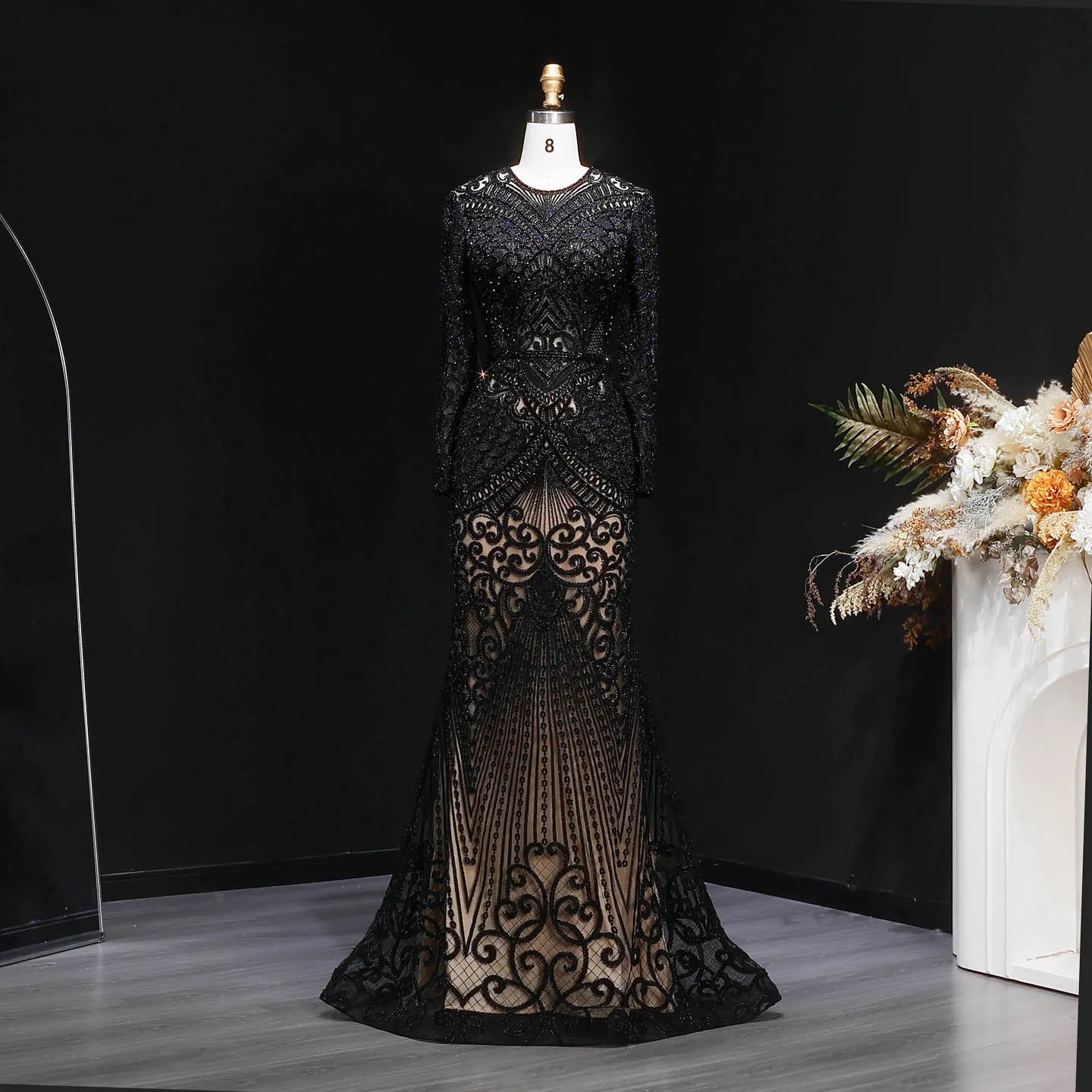 Sharon Said Dubai Übergröße Schwarzes Langarm-Paillettenkleid mit Perlen, Meerjungfrauen-Abendkleid, Saudi-Arabisches Damen-Ballkleid SS056 Maßanfertigung – Detail 18