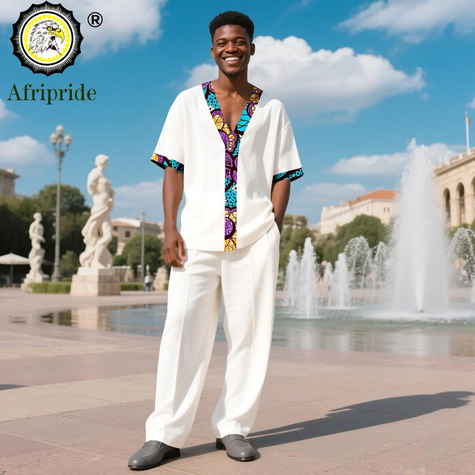 

African Suits for Men Tracksuit Short Sleeve V-neck Print Tops and Pants Set Plus Size Casual Outfits Ankara Attire 2516069