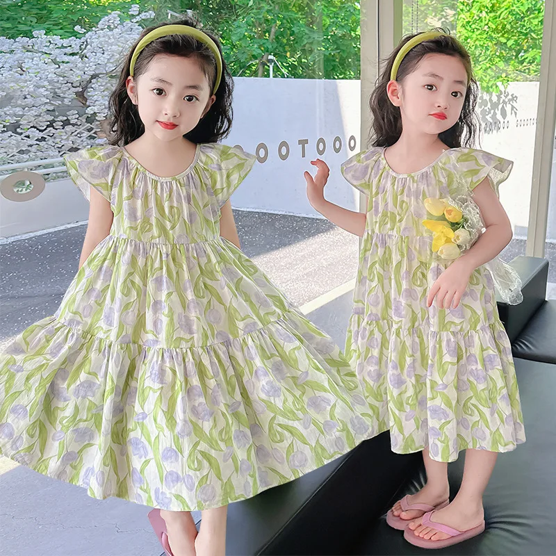 

Girls Cotton Dress Children's Summer Tulip Floral Print Sweet 4 5 6 7 8 9 10 11 12 Year Kids Costume Green Pink Princess Dresses