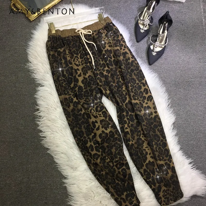 Diamond Drills Harlan Pants Women's Elastic Waist Oversize Tied Feet Casual Sweatpants Light Luxury Leopard Print Autumn Trouser