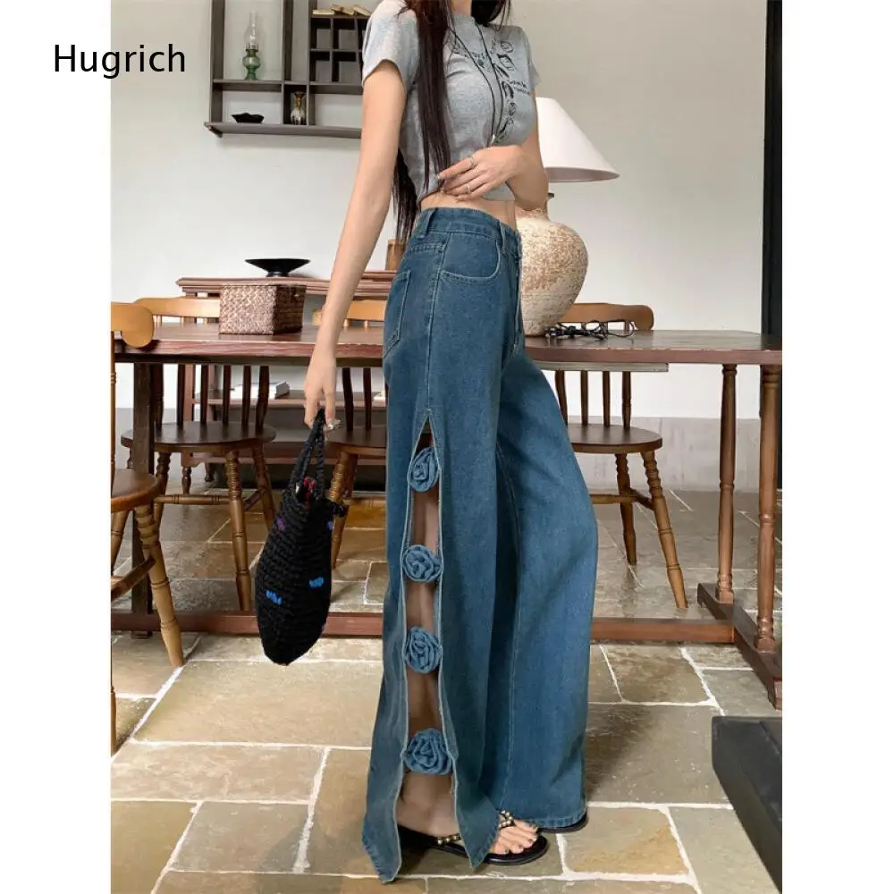 Vintage Blue Washed Denim Wide Leg Pants Three Dimensional Flower Detail High Split Loose Long Jeans Daily Matching Bottoms