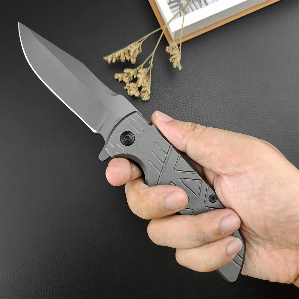 DA32 Tactical All Steel Hunting Folding Knife Gray Titanium Outdoor Multifunctional Self Defense Knives for Camping Hiking