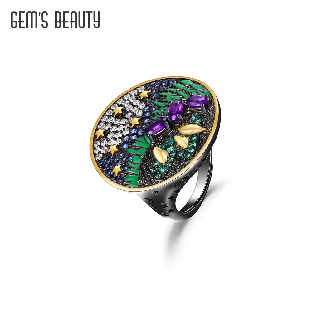 GEM'S BEAUTY Oil Painting Real 925 Sterling Silver Natural Amethyst Fine Jewelry Rings For Women Female Bijoux Gift Creative