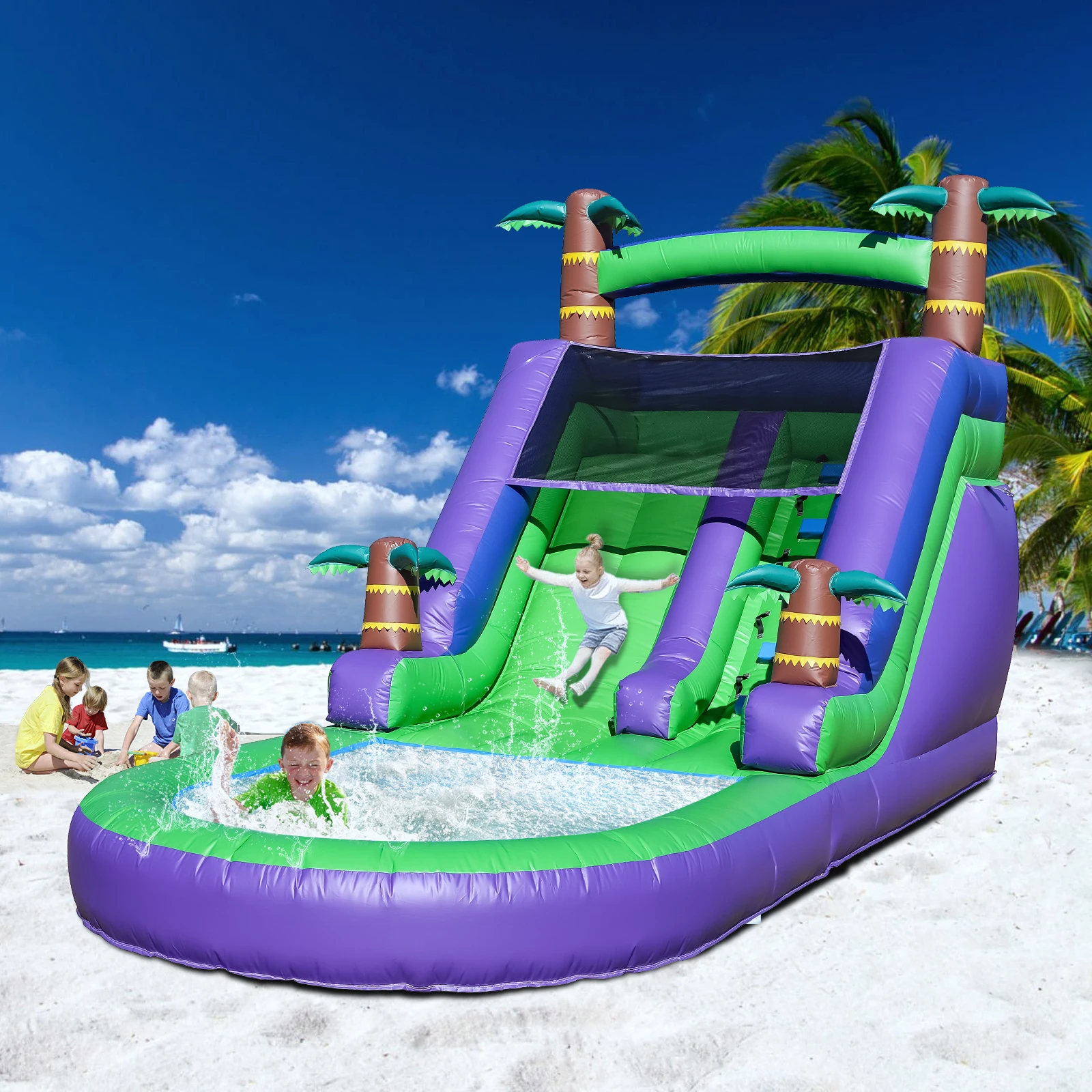Aire de jeux pour enfants toboggan gonflable, maison de rebond commerciale avec toboggan aquatique en PVC et souffleur d'air de 1100 W 21 pieds/6,4 M