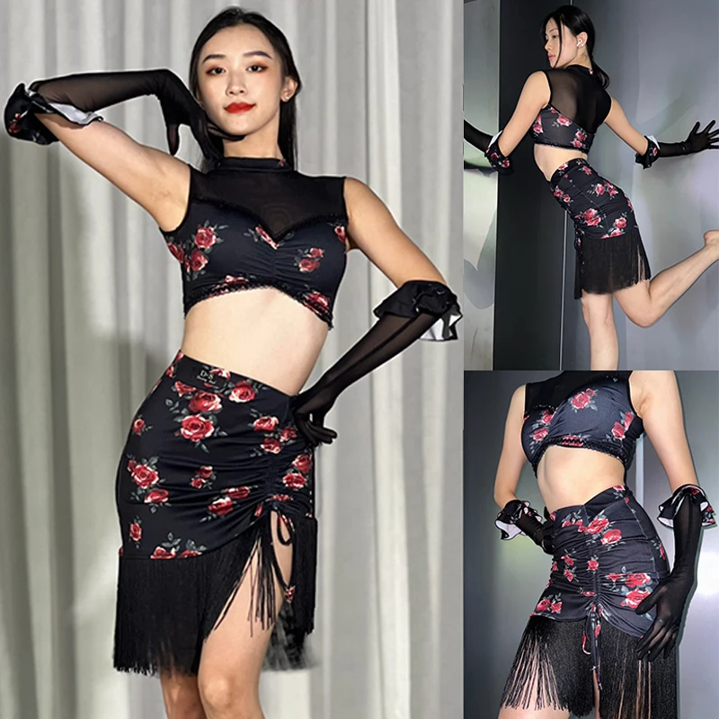 

Latin Dance Performance Clothes Rose Printing Tops Fringe Skirt Gloves Suit Cha Cha Rumba Dance Costume Practice Wear DNV21701