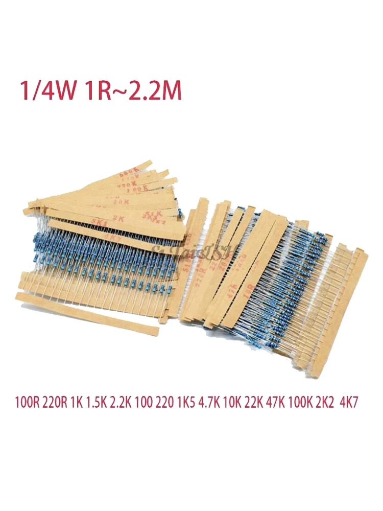 100pcs Metal film resistor series 1/4W 1R~2.2M 1% 100R 220R 1K 1.5K 2.2K 100 220 1K5 4.7K 10K 22K 47K 100K 2K2  4K7 ohm