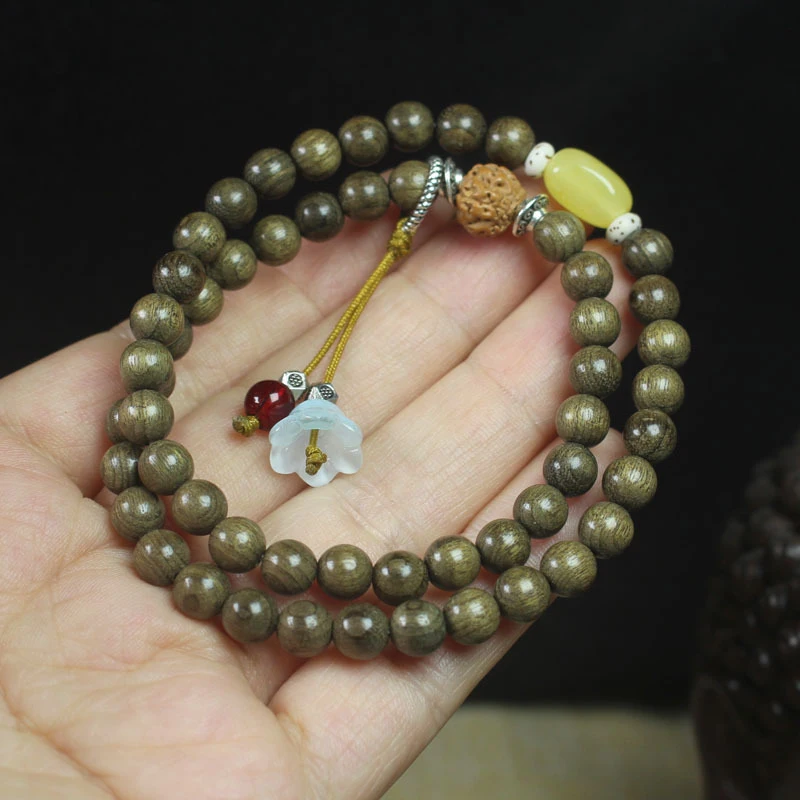 

Браслет из темного дерева 6 мм, двухслойный, с подвеской-цветком, в лесном стиле, буддийские молитвенные четки, ювелирное украшение