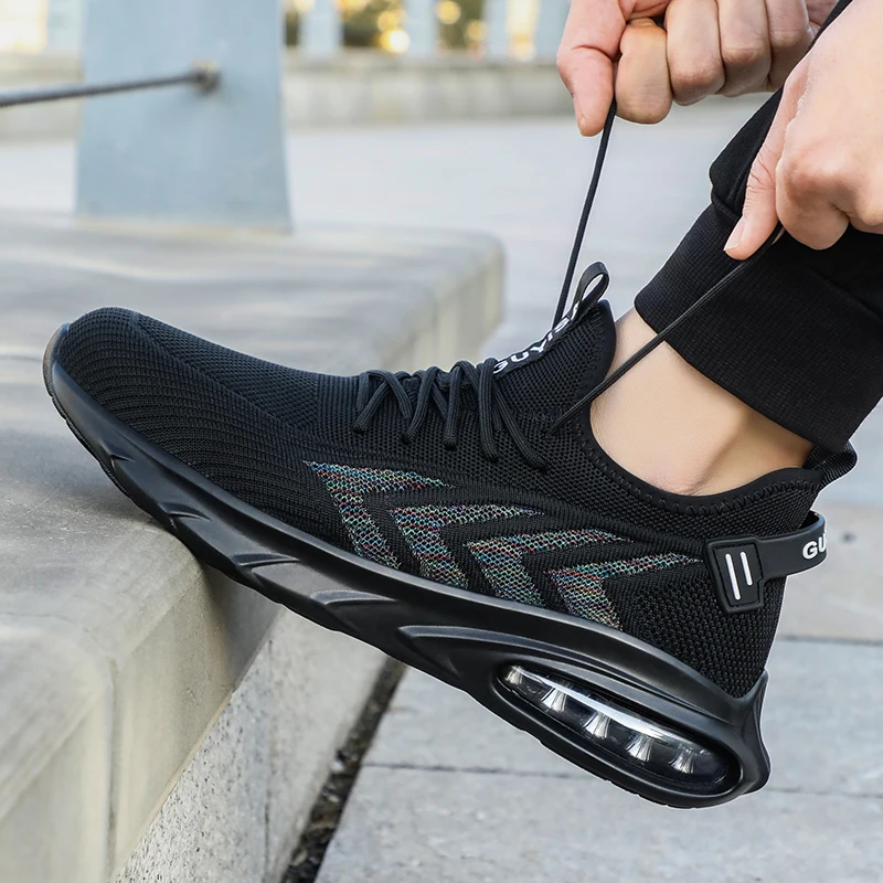 Men\'s safety shoes anti impact anti puncture lightweight elastic black all season sporty construction site work shoes