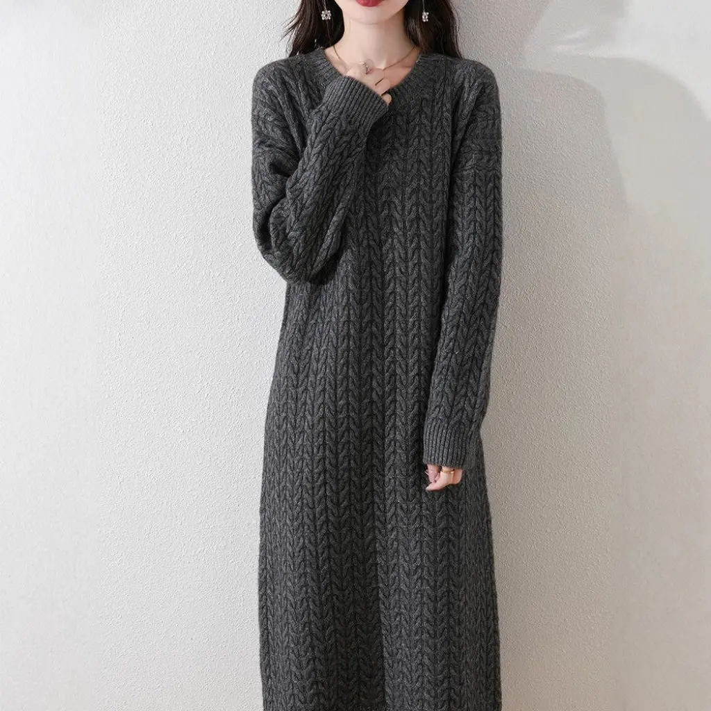 

Autumn Winter Thickened 100% Wool round Neck Twisted Knitted Dress Versatile Extended Skirt Lazy Sweater for Women