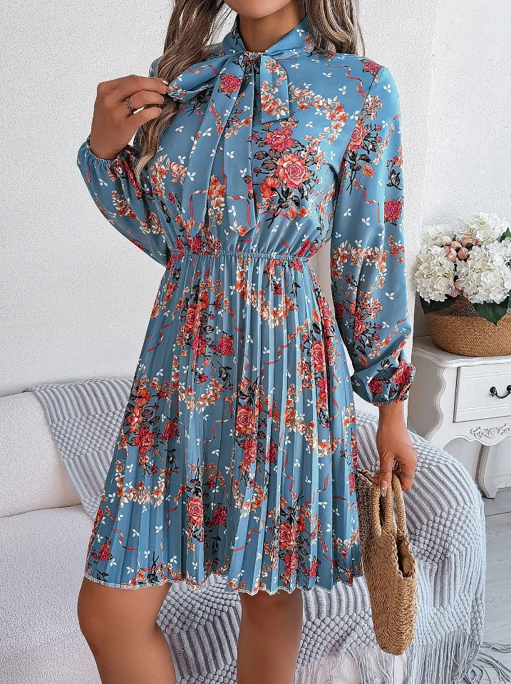 French Women's Dress Chiffon Elegant Commuting Fashion Floral Print Tied Neck Long Sleeved High Waist A-line Mini Pleated Dress