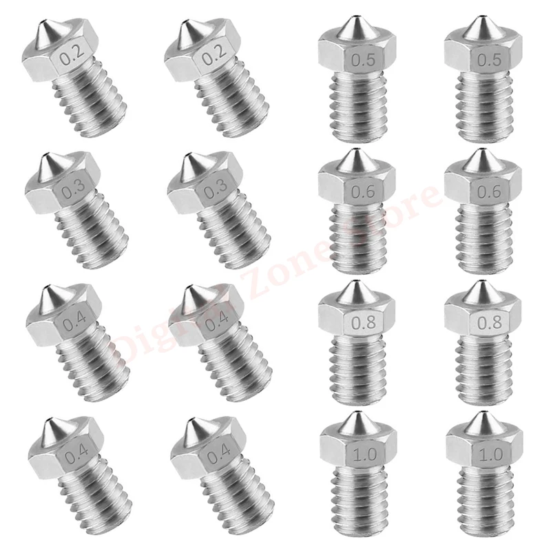 

16Pcs Stainless Steel V6 Nozzles 0.2 mm, 0.3 mm, 0.4 mm, 0.5mm, 0.6 mm, 0.8 mm, 1.0 mm for Filament 1.75mm E3D V5-V6 3D Printer