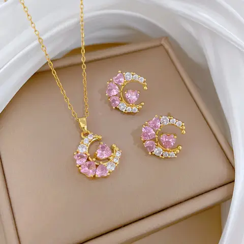 Romantic Pink Zircon Moon Pendant Necklace Stud Earrings for Women Girls Gold Color Stainless Steel Chain Jewelry Set Gifts