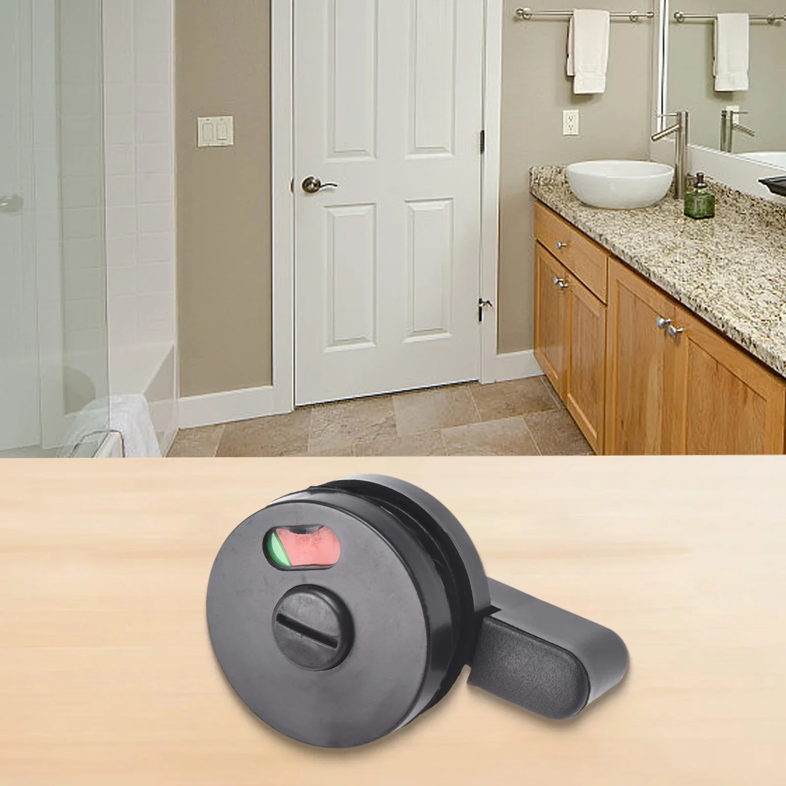 Public Restroom Door Lock with Rotating Level Handle and Occupancy Status Display for Commercial Washroom Installations