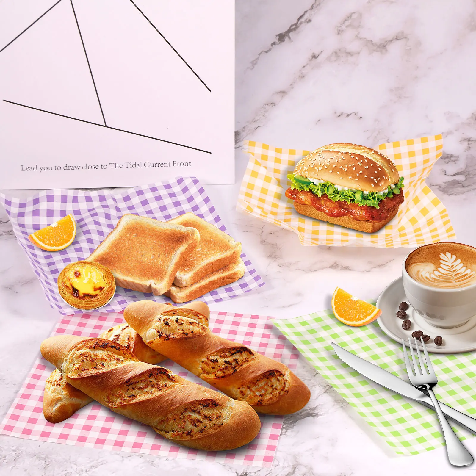 400Pcs Greaseproof Paper Liners Waterproof Sandwich Paper Wraps Plaid Food Wrapping Paper 4 Colors Paper Basket Liner Paper