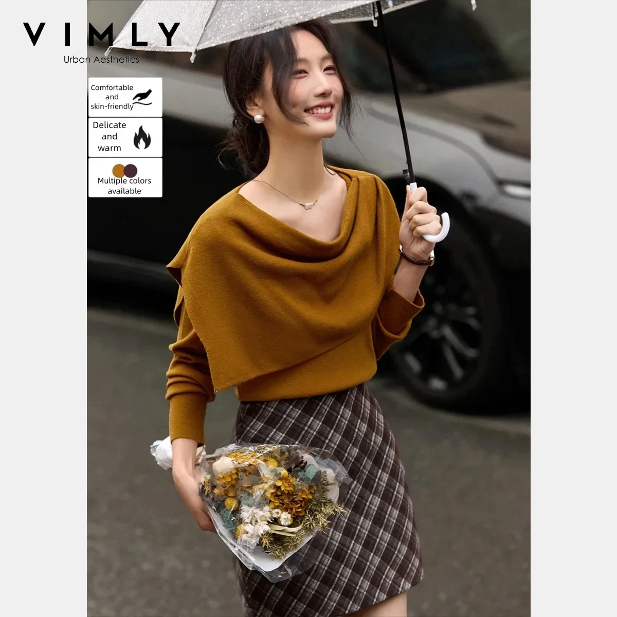 

VIMLY простой женский свитер 2025, зимняя шаль с драпированным вырезом, вязаный базовый слой, новый комплект из двух предметов, женская одежда 30511