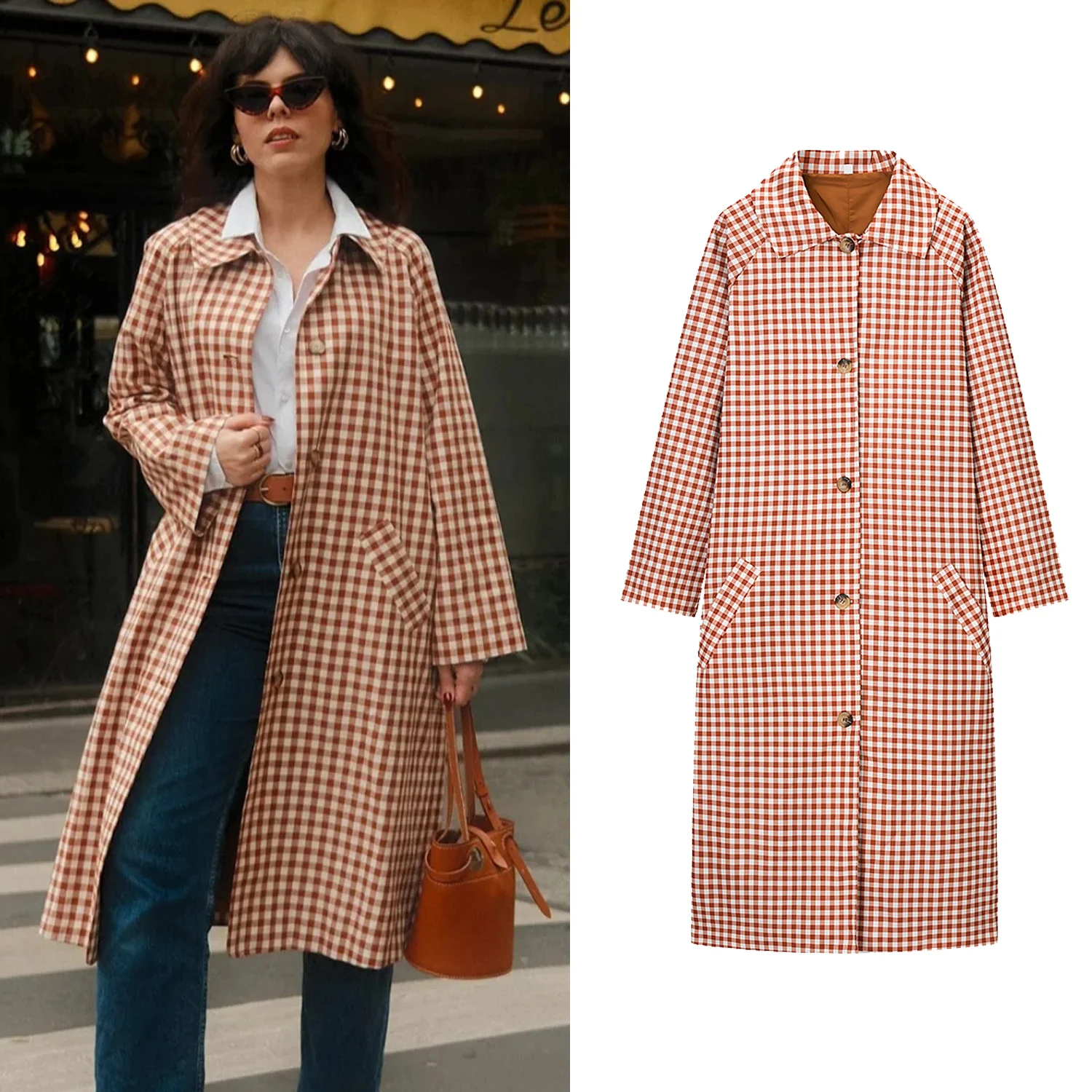

Women Casual Long Trench Coat Female Red Plaid Single Breasted Full Sleeve Windbreaker Jacket Spring Autumn Lady Coat Streetwear