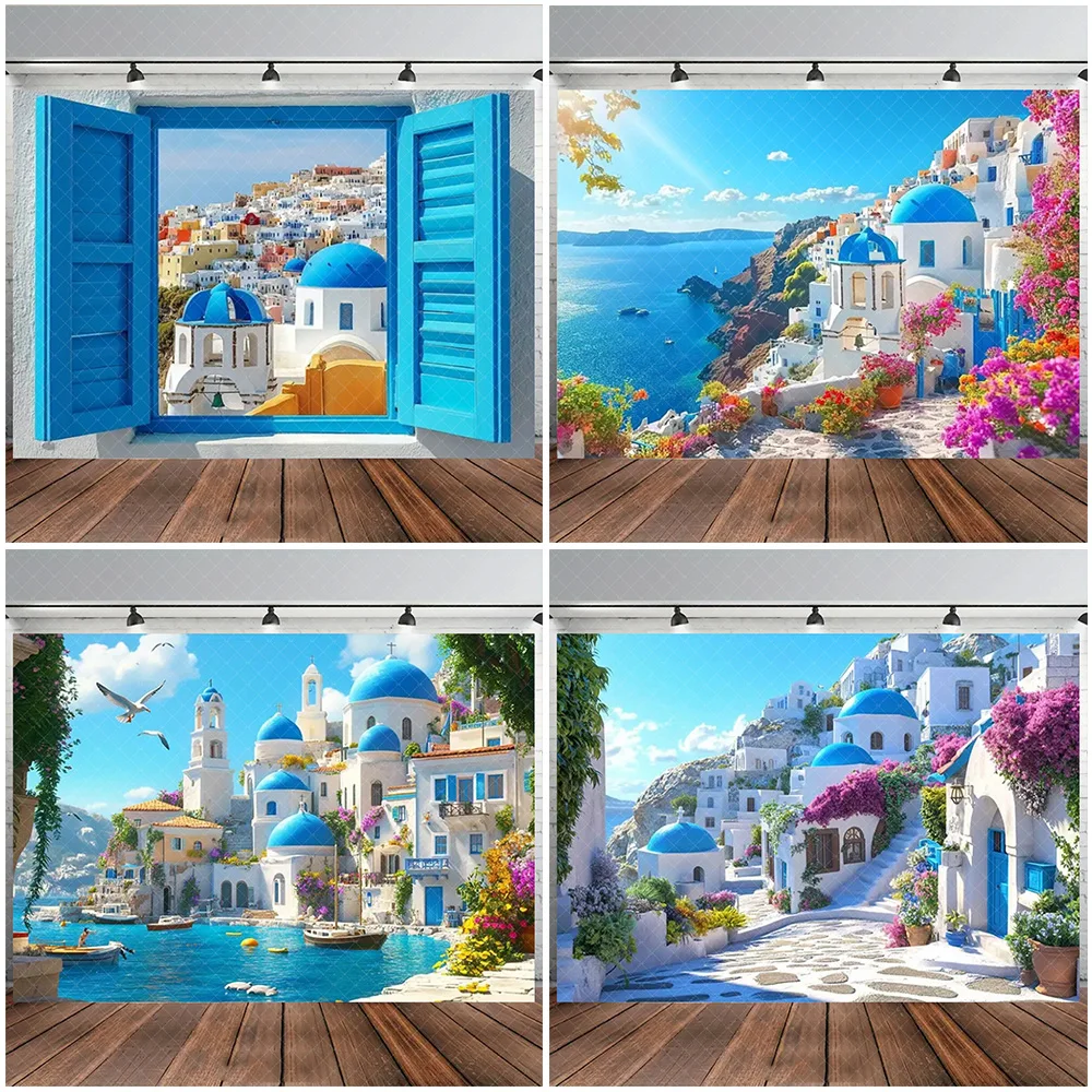 

Nordic Greek Scenery Santorini Island Tapestry WallHanging Blue Dome Church Aegean Sea Beach Aesthetic Backdrop Party Decoration