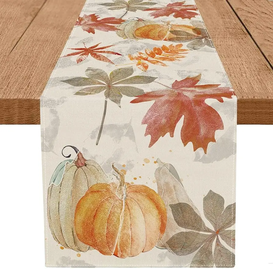 

Autumn Pumpkin Maple Leaf Watercolor Retro Table Runner Thanksgiving Harvest Home Kitchen Dining Party Decor Washable Table Flag