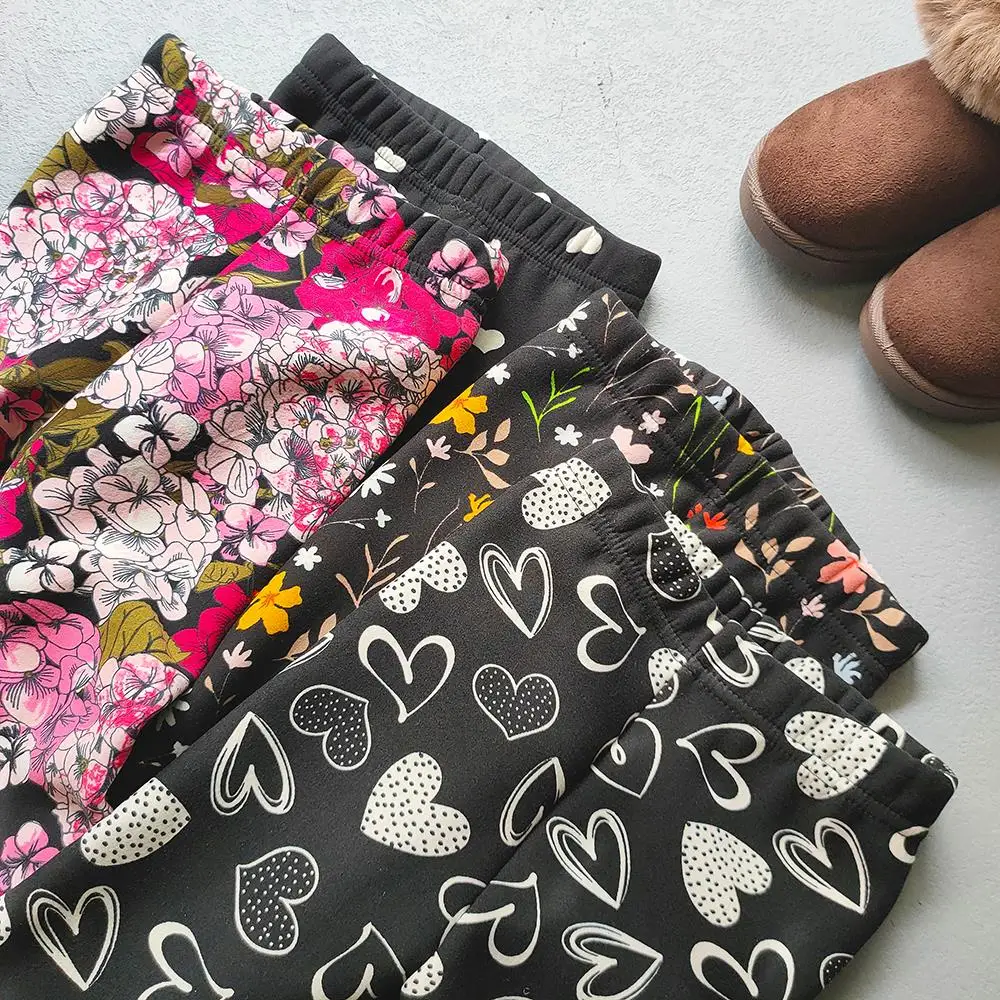 Floral Flowers Thicked Warm Children Girls Leggings Autumn Winter Stretch Baby Kids Pants