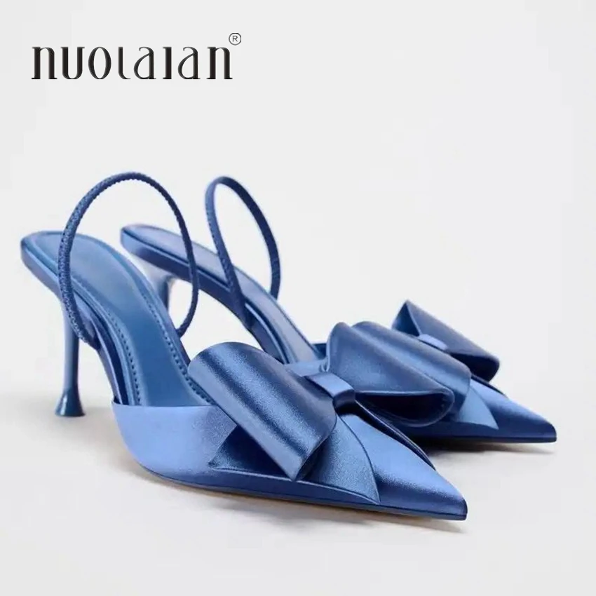 Women\'s Shoes 2024 New Fashion Bow Slingback High Heels Sexy Dress Stiletto Heel Pointed Toe Women High Heel Sandals